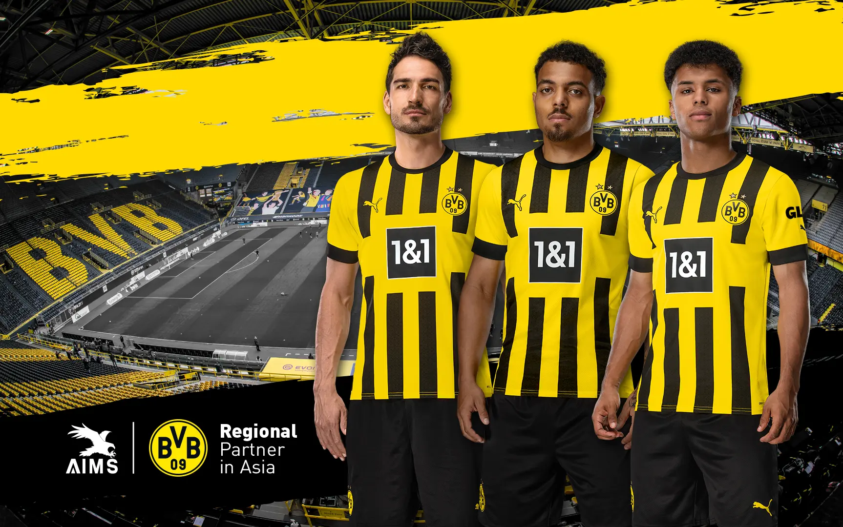 AIMS x Borussia Dortmund — Regional Partner in Asia, featuring BVB players in black and yellow 1&1 kits at Signal Iduna Park
